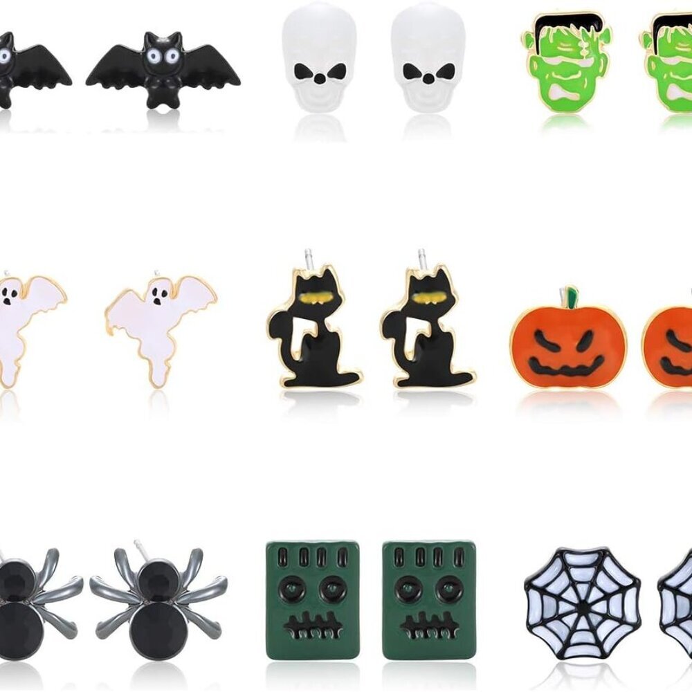 Halloween Stud Earrings Set-Mixed Ghost Bat Black Cat Spider Cobweb Halloween Th